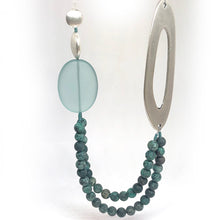 Load image into Gallery viewer, Turquoise, aqua frosted glass and antiqued metal necklace
