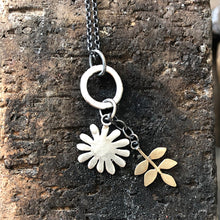 Load image into Gallery viewer, Silver daisy and bronze leaf pendant

