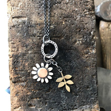 Load image into Gallery viewer, Silver daisy and bronze leaf pendant
