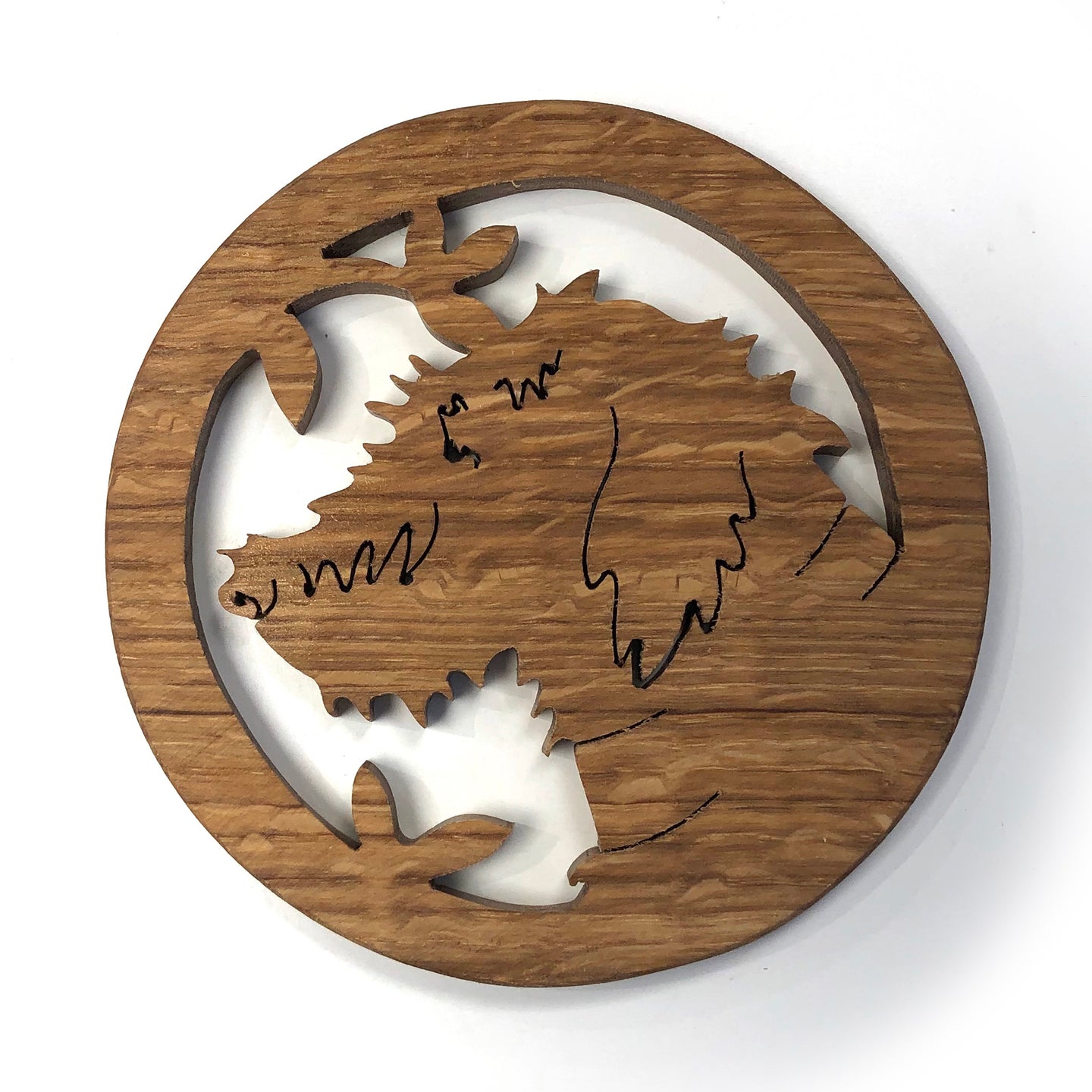 Oak fretwork coaster - shaggy dog