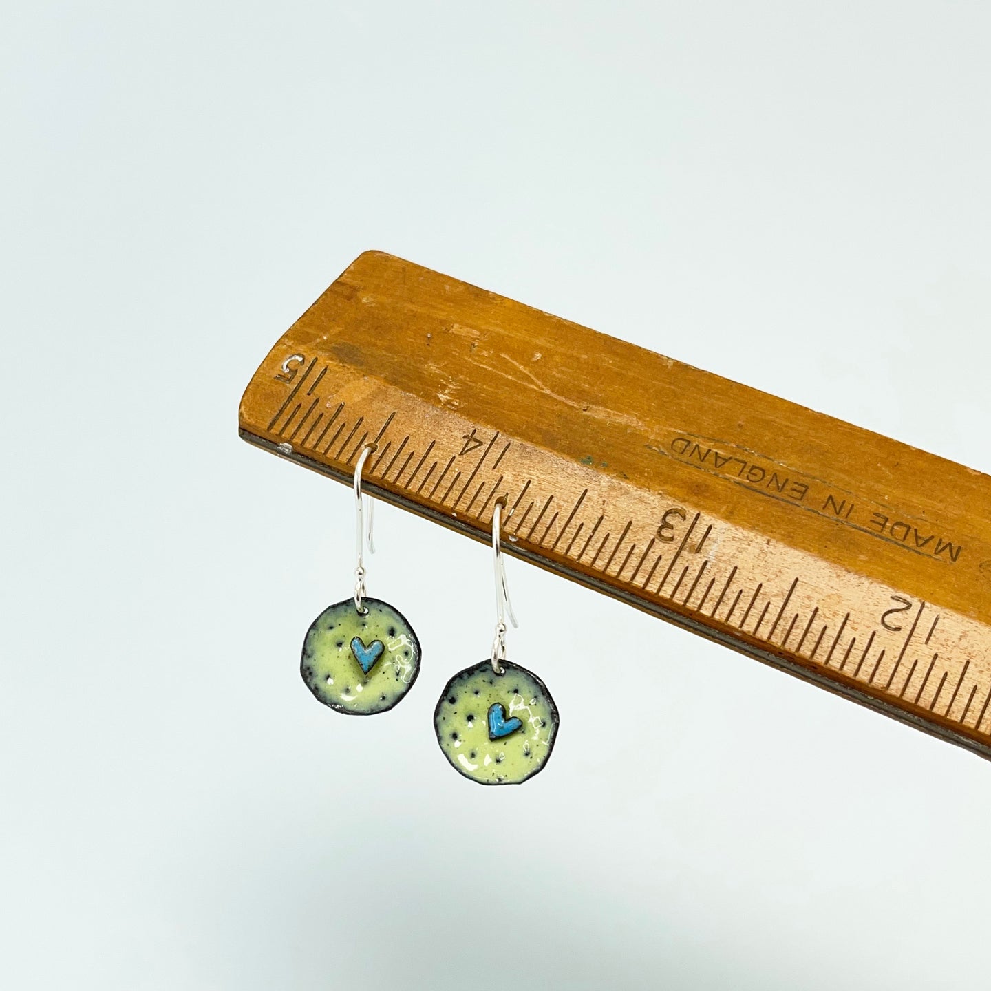 Enamel heart drop earrings - lime / blue