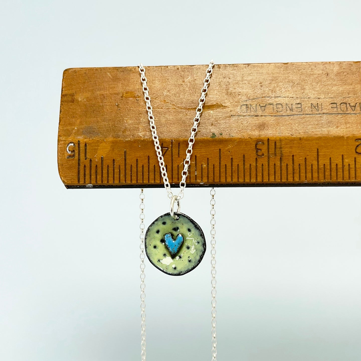 Enamel heart pendant - lime / blue