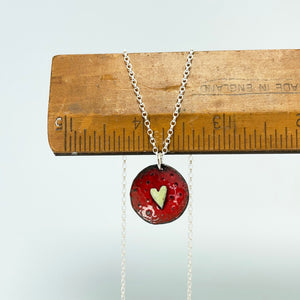 Enamel heart pendant - lime / red