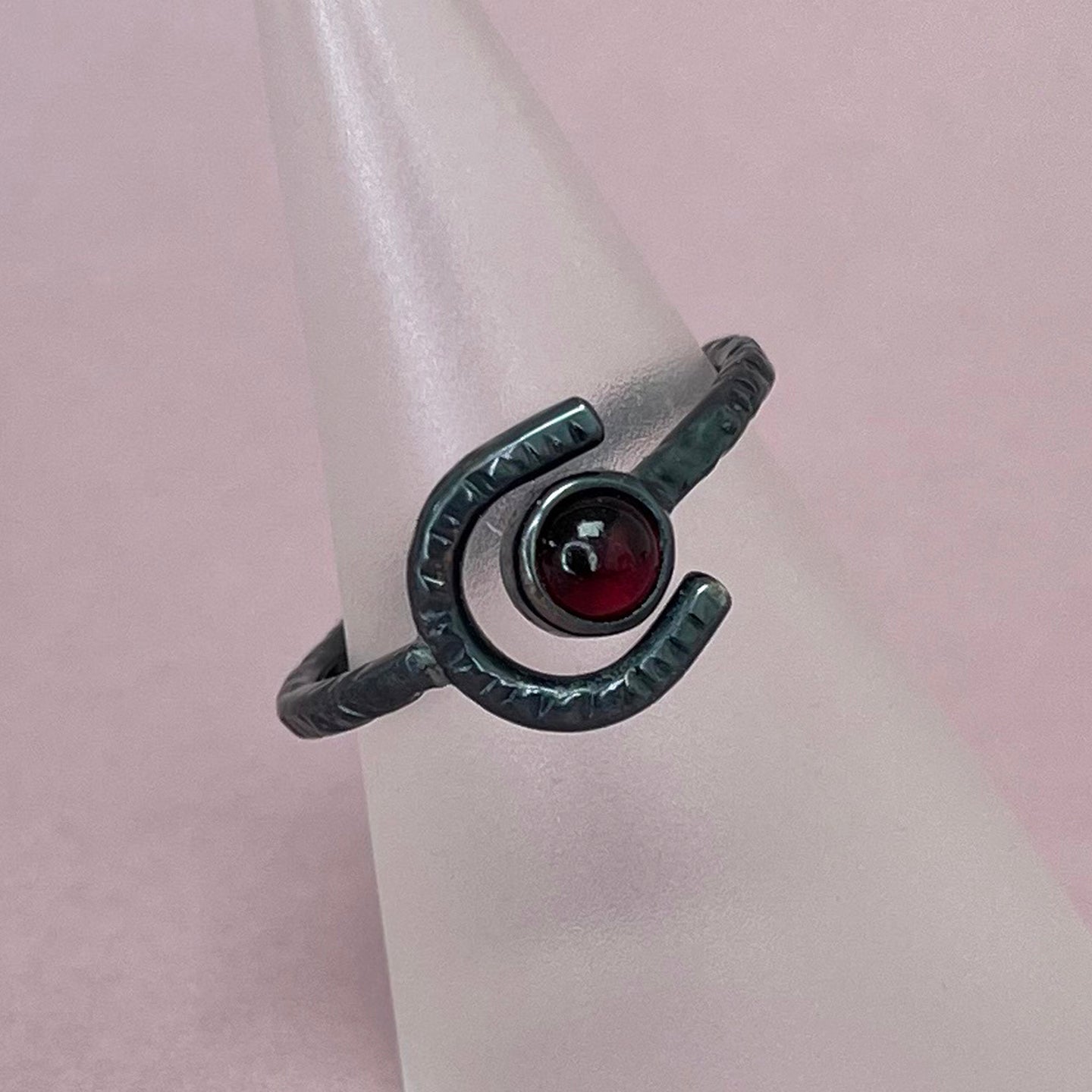 Crescent moon ring - deep red garnet